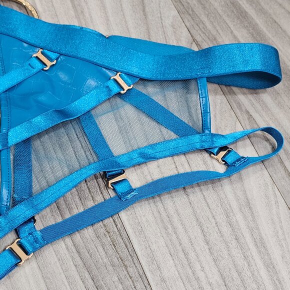 Honey Birdette Mistress T Peacock Blue Faux Leather Ouvert Brief Panty Size L - Picture 5 of 8